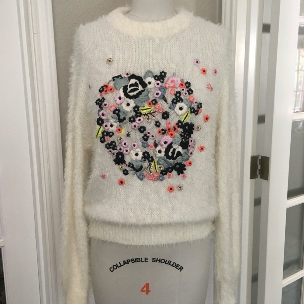 Erdem Fuzzy Cream Floral oversized Embellished Crewneck Sweater